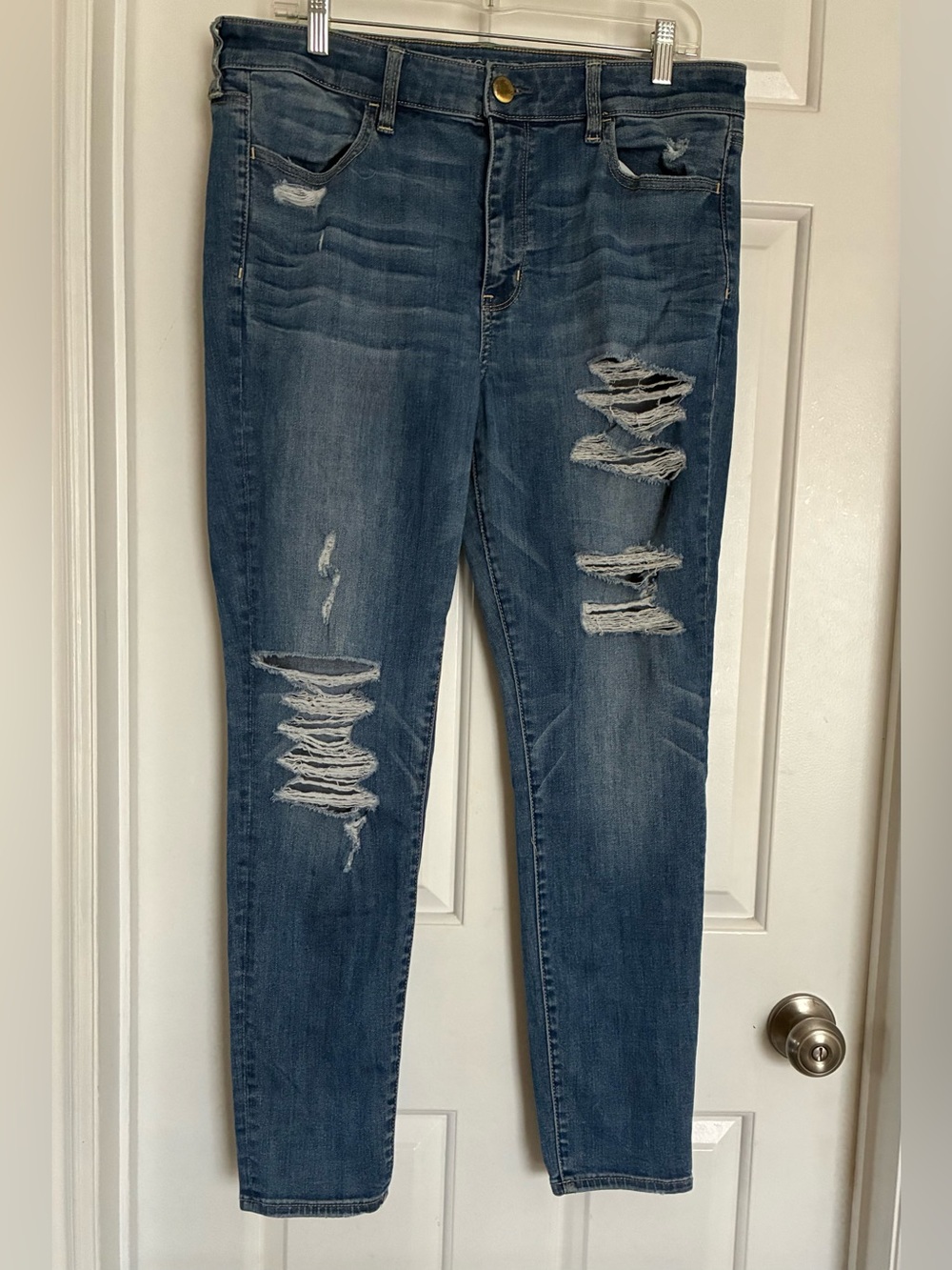 American Eagle Outfitters Stretch High-Waisted Distressed Blue Jeggings US14